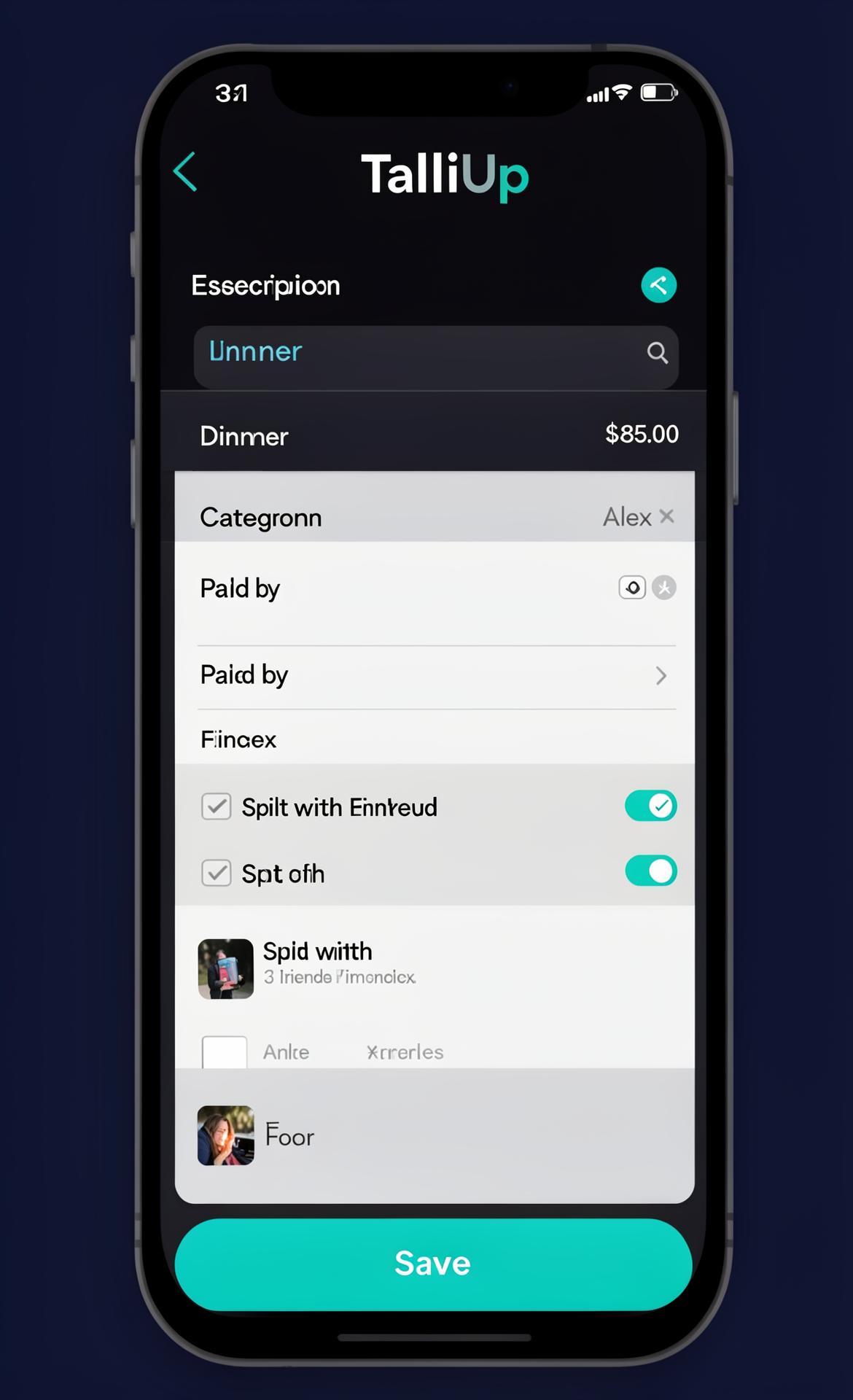 TalliUp add expense sheet with amount, category, payer, and split options