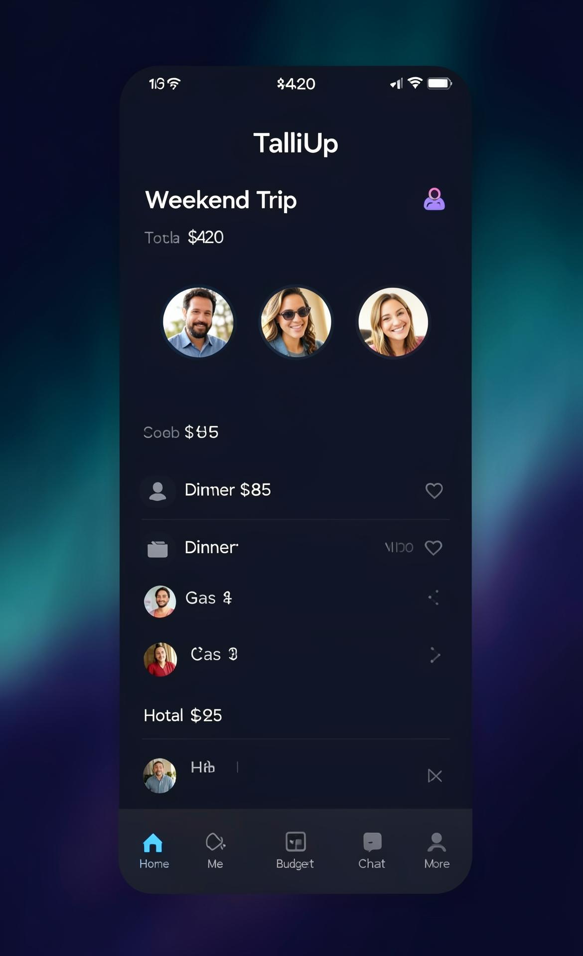 TalliUp home screen showing a Weekend Trip group with $420 total and recent expenses