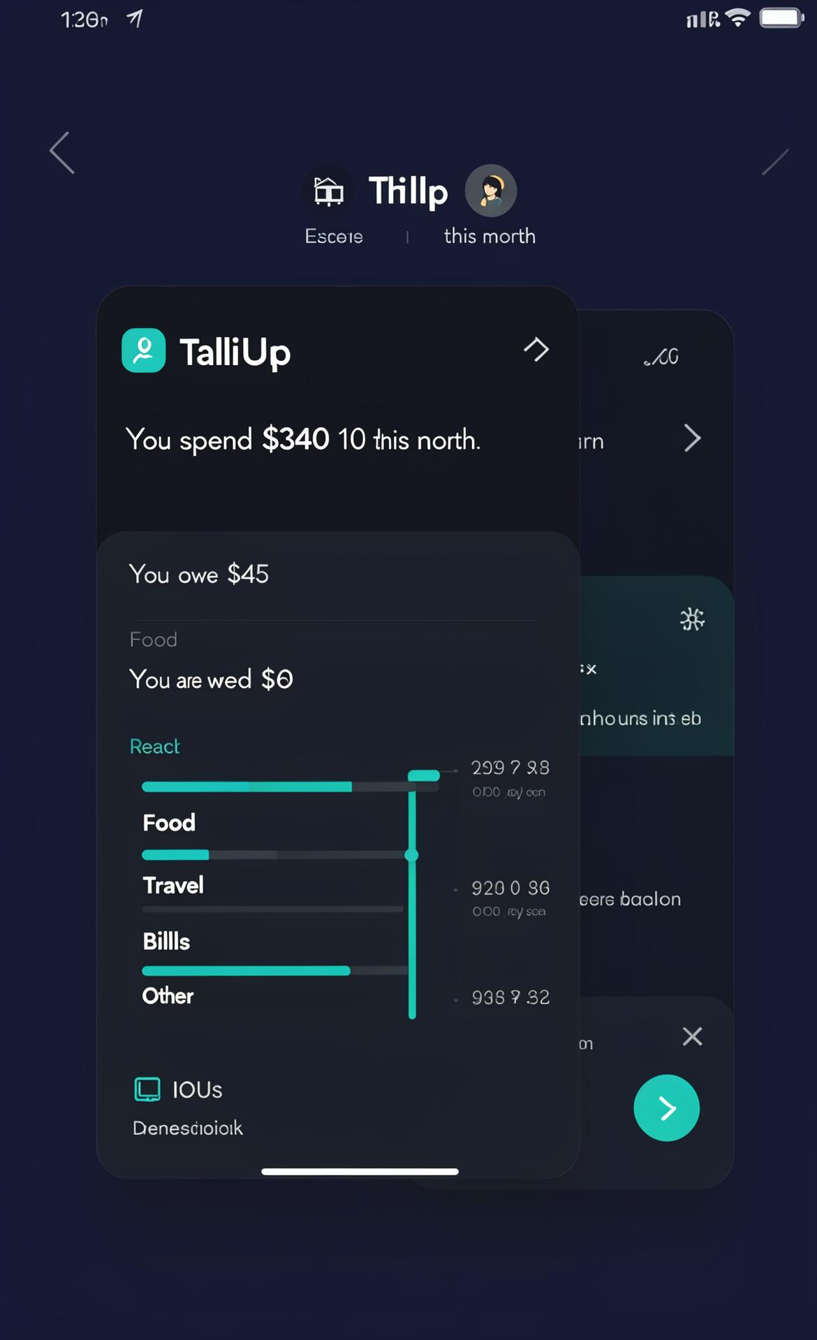 TalliUp Me dashboard with monthly spending and category breakdown